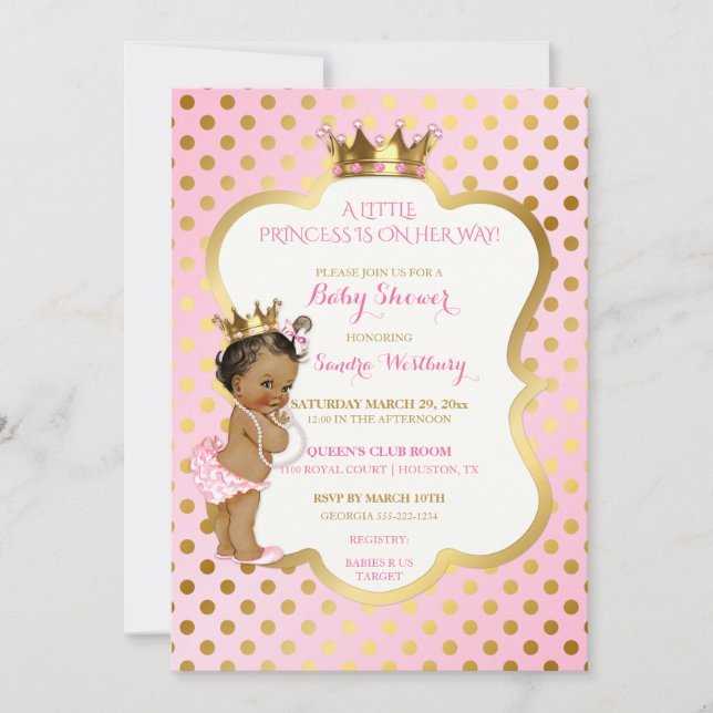 Rosa & Guld Afroamerikansk Prinsessa Babyflicka Inbjudningar (Framsida)