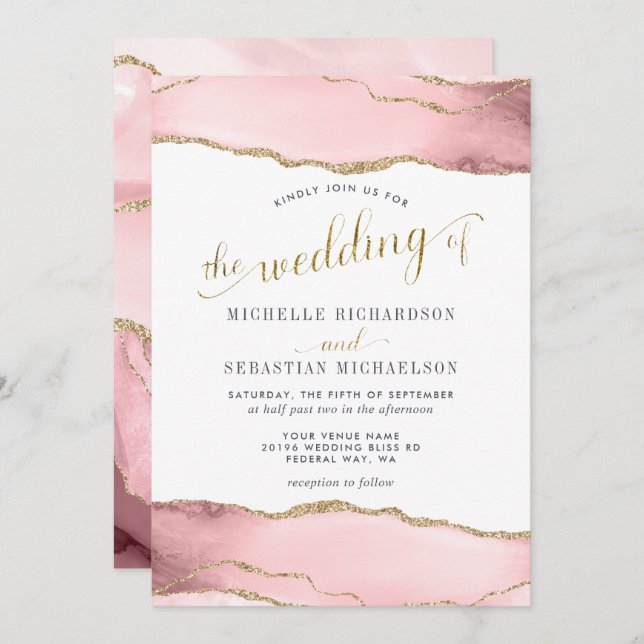  Rosa Guld Agate Elegant Vattenfärgen Bröllop Inbjudningar (Fram/baksida)