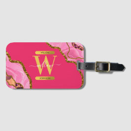 Rosa & Guld Agate Geode Glitter Monogram Bagagebricka