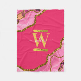 Rosa & Guld Agate Geode Glitter Monogram Fleecefilt