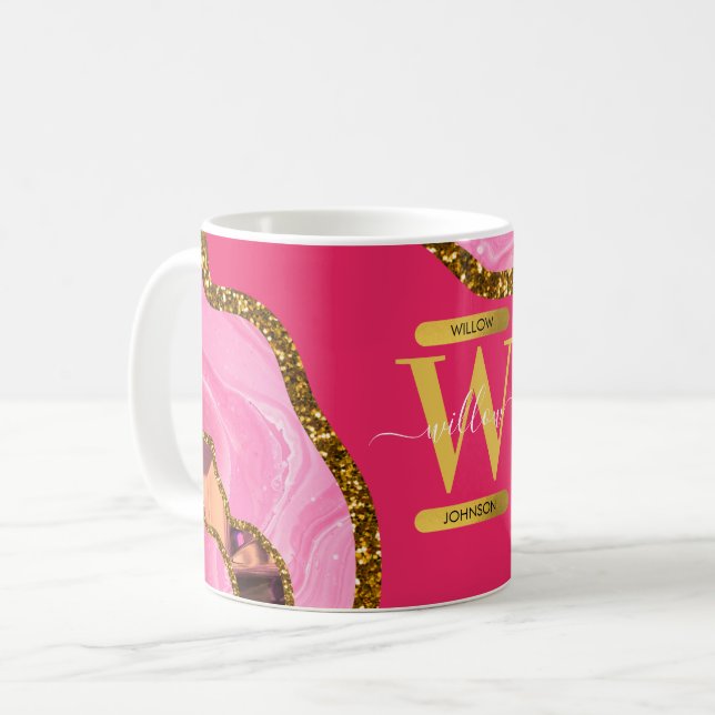 Rosa & Guld Agate Geode Glitter Monogram Kaffemugg (Framsida vänster)