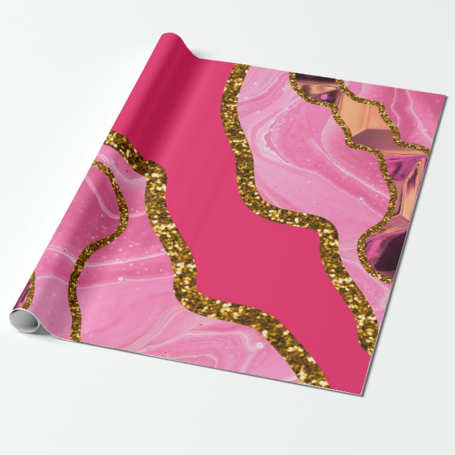 Rosa & Guld Agate Geode Glitter Presentpapper (Utrullad)