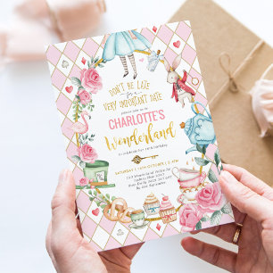 Rosa Guld Alice i Wonderland Birthday Tea Party Inbjudningar