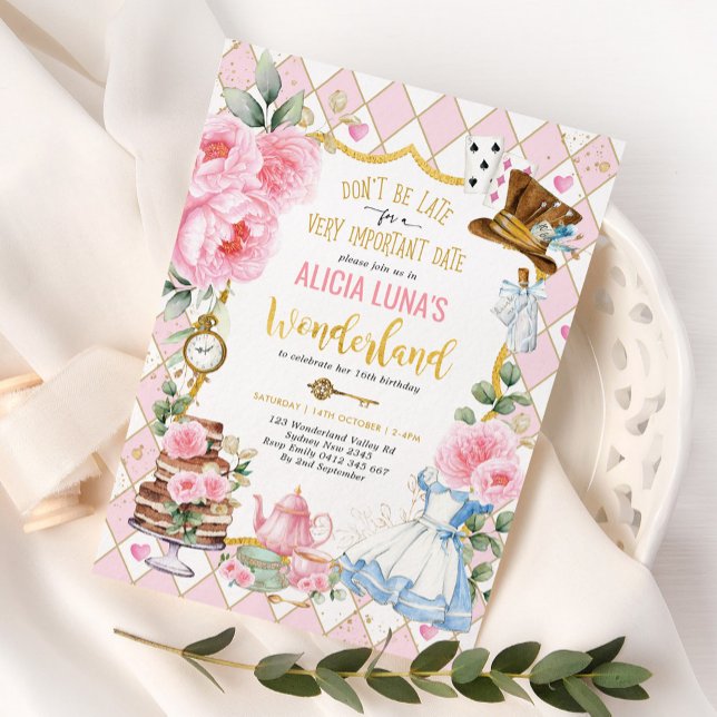 Rosa Guld Alice i Wonderland Birthday Tea Party Inbjudningar (Skapare uppladdad)