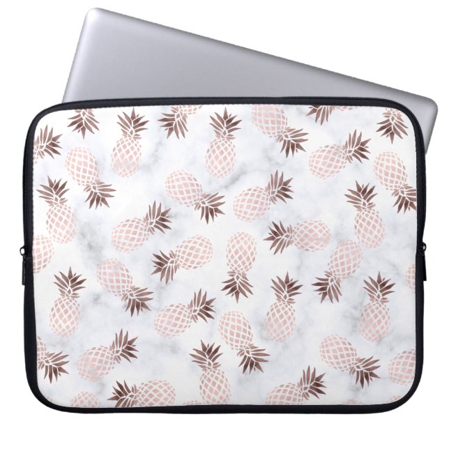 rosa guld- ananas för elegant modern vitmarmor laptop sleeve (Framsidan)