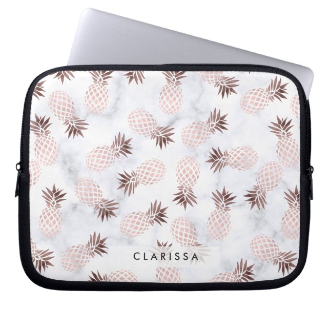 rosa guld- ananas för elegant modern vitmarmor laptop sleeve (Framsidan)