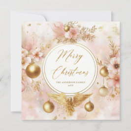 Rosa Guld Angel-Blommigt-krandfamiljen Julkort