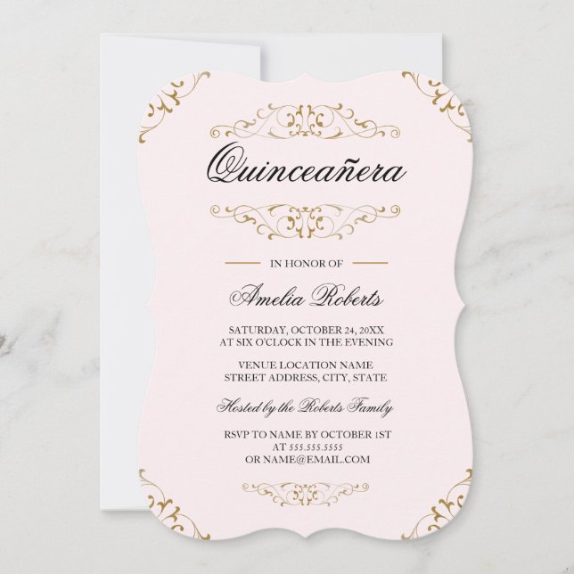 Rosa Guld Antique Flourish Quinceanera-inbjudan Inbjudningar (Framsida)