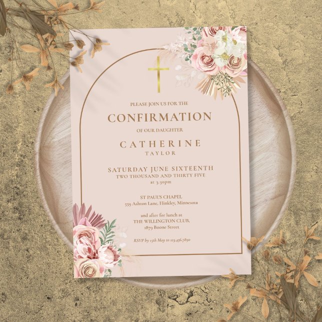 Rosa Guld Arch Pampas Grass Blommigt Bekräftelse Inbjudningar (Pink Gold Arch Pampas Grass Floral Confirmation Invitation)