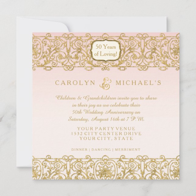 Rosa Guld Art Deco Nouveau 50-årsjubileumskalas Inbjudningar (Baksida)