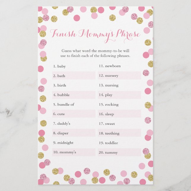 Rosa & Guld Baby Shower Avslutar Mamma Phrase Game (Framsida)