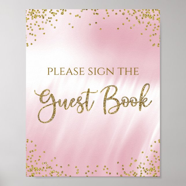 Rosa Guld Baby Shower Gästbok Bordsskylt Poster (Framsidan)