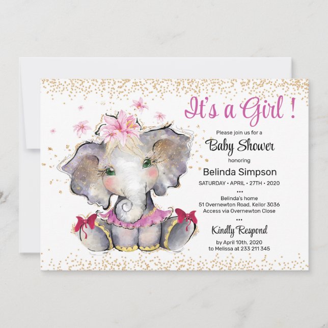 Rosa Guld Baby Shower-inbjudan Baby Elephant Inbjudningar (Framsida)