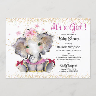 Rosa Guld Baby Shower-inbjudan Baby Elephant Inbjudningar
