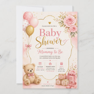 Rosa guld baby shower inbjudan flicka, akvarell