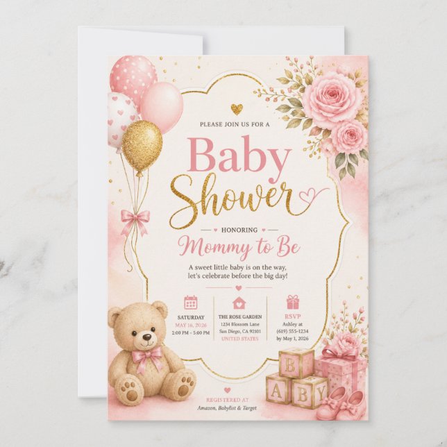 Rosa guld baby shower inbjudan flicka, akvarell (Framsida)