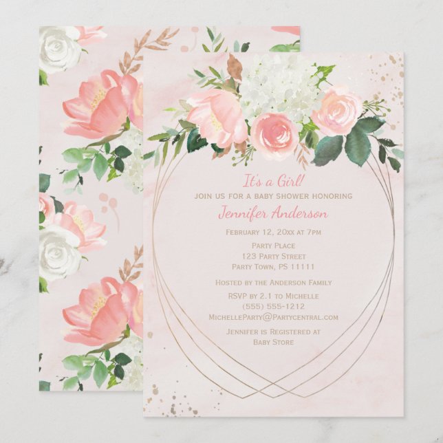  Rosa Guld Baby Shower Inbjudningar (Fram/baksida)