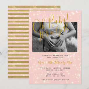 Rosa Guld BABY SHOWER PHOTO Girl Inbjudningskort