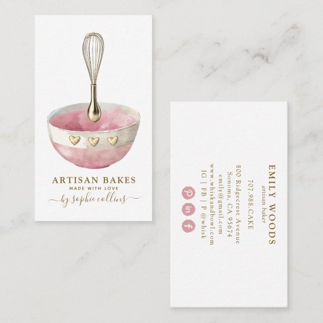 Rosa Guld Baker Watercolor Bakery Pastry Chef Visitkort (Fram/baksida)