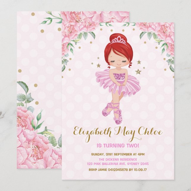 Rosa Guld Ballerina Birthday Inbjudan Princess Par (Fram/baksida)