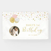 Rosa & Guld Ballong 1-års Födelsedags Foto Banner