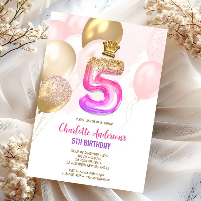 Rosa Guld Ballong Flickas 5-års Födelsedagsinbjuda Inbjudningar (Skapare uppladdad)