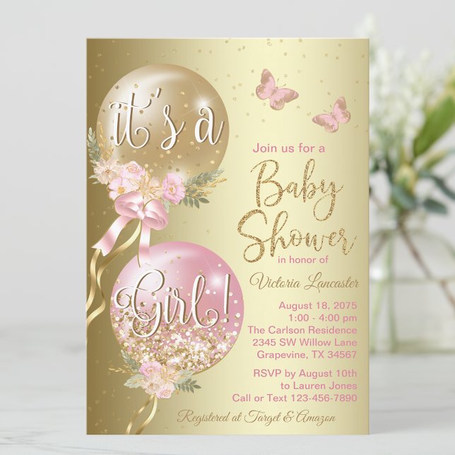 Rosa Guld Ballonger Butterfly Baby Shower Inbjudningar (Skapare uppladdad)