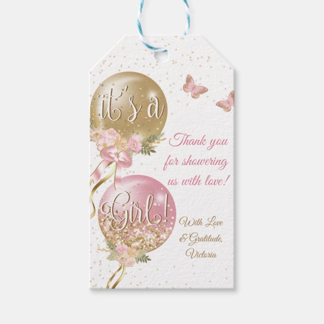Rosa Guld Ballonger Fjäril Baby Shower Presentetikett (Framsidan)