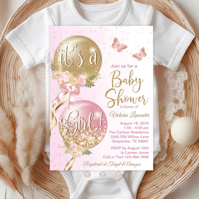 Rosa Guld Ballonger Fjäril Bebis Bebis Shower Inbjudningar (Beautiful butterfly and balloons baby shower invitations. )