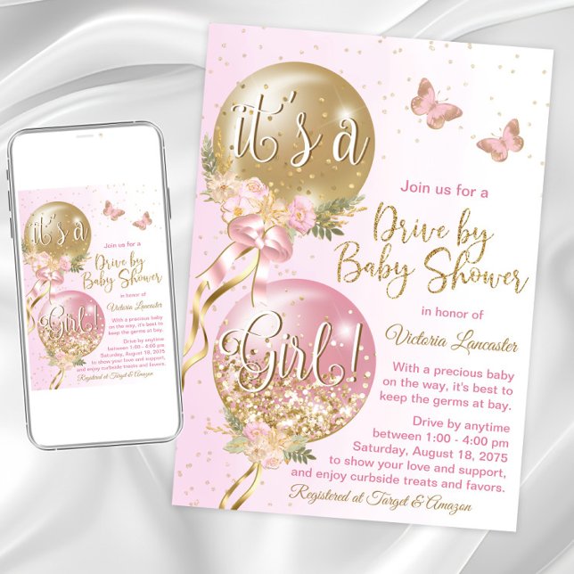 Rosa Guld-ballonger-fjäril-driven med babyskor Inbjudningar (Cute pink gold drive by shower  invitation. Instant download and printed invitations available.)