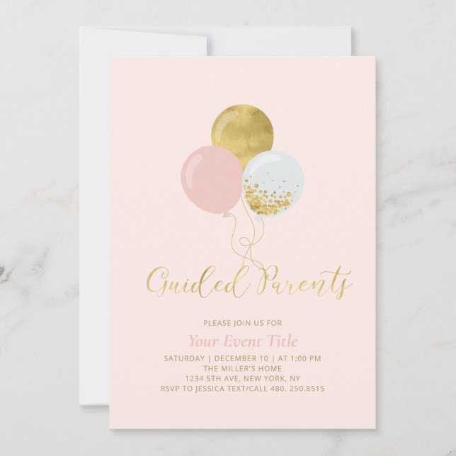 Rosa & Guld Ballonger Guidad Föräldrar Inbjudningar (Framsida)