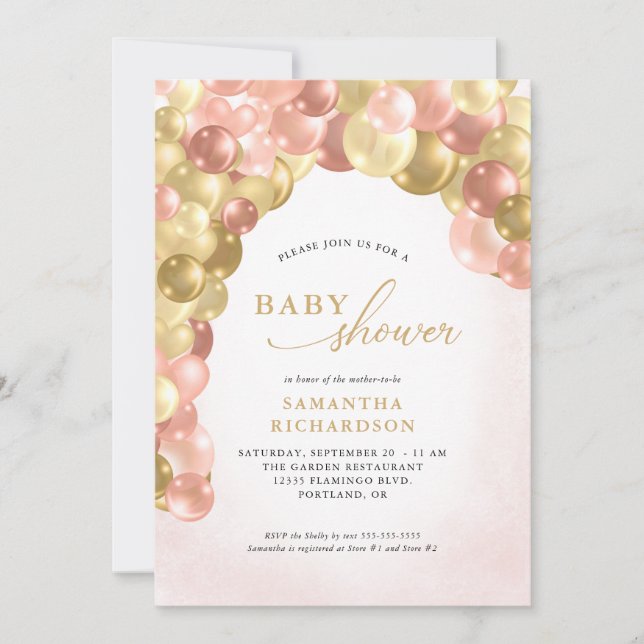 Rosa & Guld Balloon Arch Girl Baby Shower Inbjudningar (Framsida)