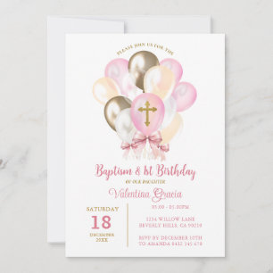 Rosa Guld Balloon Girl Baptism Birthday Bow tie Inbjudningar