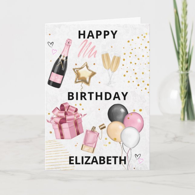 Rosa Guld Balloons Grattis på födelsedagen Helgdag Helgkort (Framsida)