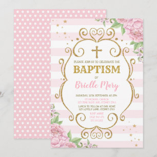 Rosa Guld Baptism Christing Blommigt Princess Inbjudningar