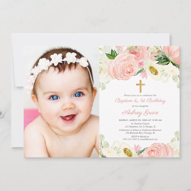 Rosa guld baptism och 1:a födelsedag, fotoflicka inbjudningar (Framsida)