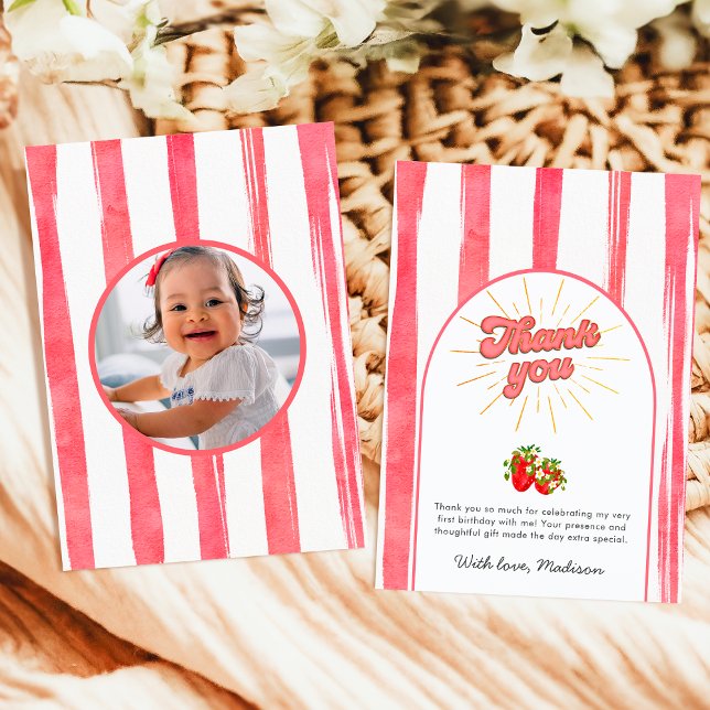 Rosa Guld Bär 1-års Födelsedagsfoto Röd Jordgubbe Tack Kort (Skapare uppladdad)