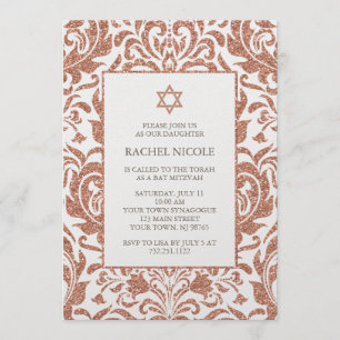Rosa guld- bat mitzvah glitterdamast för elegant inbjudningar