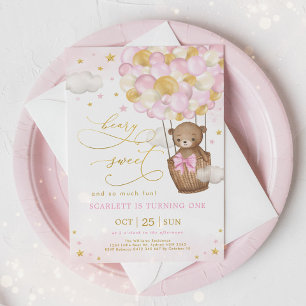 Rosa Guld Bear Luftballong Girl 1:a födelsedagen Inbjudningar