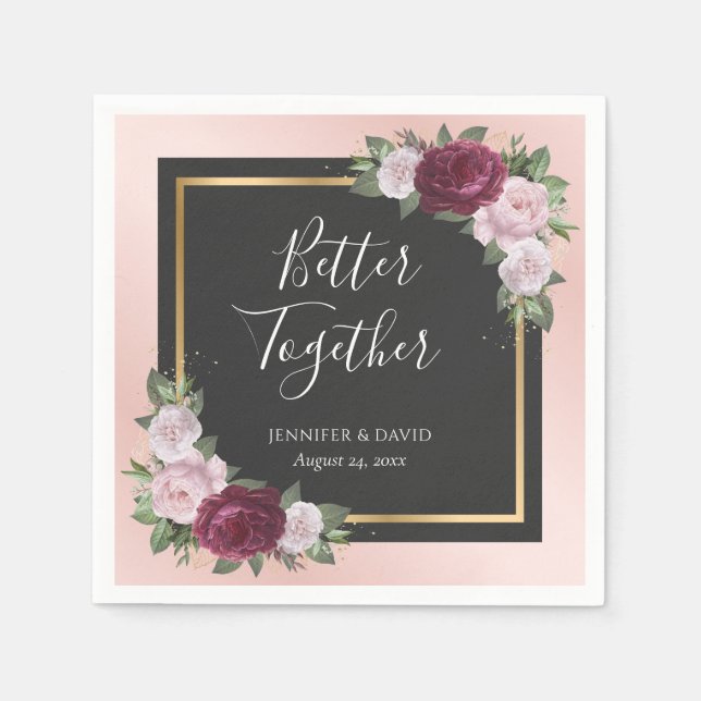  Rosa Guld Black Burgundy Blommigt Bröllop Pappersservett (Framsidan)