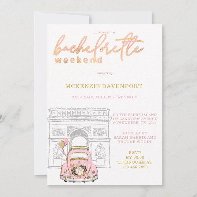 Rosa Guld Black Car Bachelorette Helg Inbjudningar (Framsida)