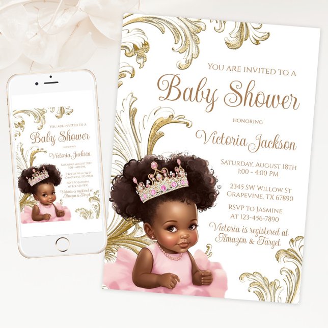 Rosa Guld Black Flicka Shower Inbjudningar (Pink gold African princess baby shower invitation. Available for instant download and print.)