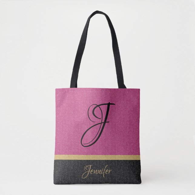 Rosa Guld Black Glitter Namn Monogram Personlig Tygkasse (Framsida)