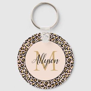  Rosa Guld Black Leopard Skriv ut Monogram Nyckelring