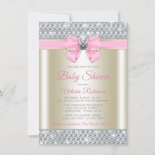 Rosa Guld Bling Glam Babyflicka Kalas Inbjudningar (Framsida)