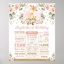 Rosa guld blomma giraff 1-års födelsedagsmilstolpe