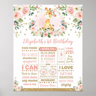 Rosa Guld Blomma Giraff 1-års Födelsedagsmilstolpe Poster