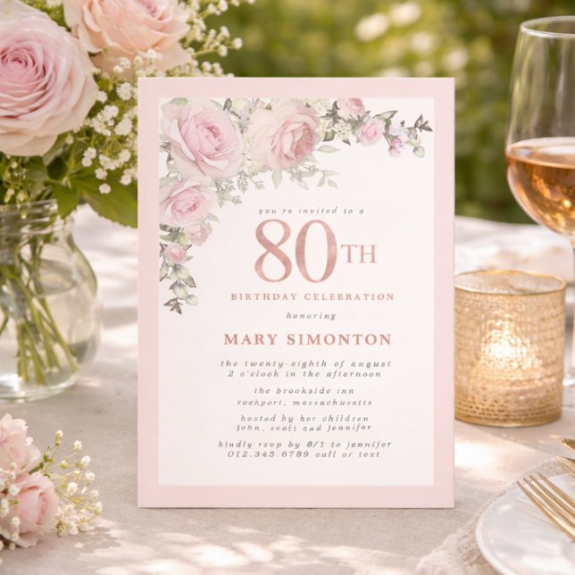 Rosa guld blommig 80-års födelsedagsfest inbjudningar (Skapare uppladdad)
