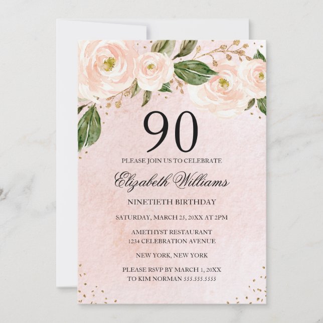 Rosa guld blommig 90-årsdag inbjudningar (Framsida)