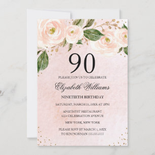 Rosa guld blommig 90-årsdag inbjudningar